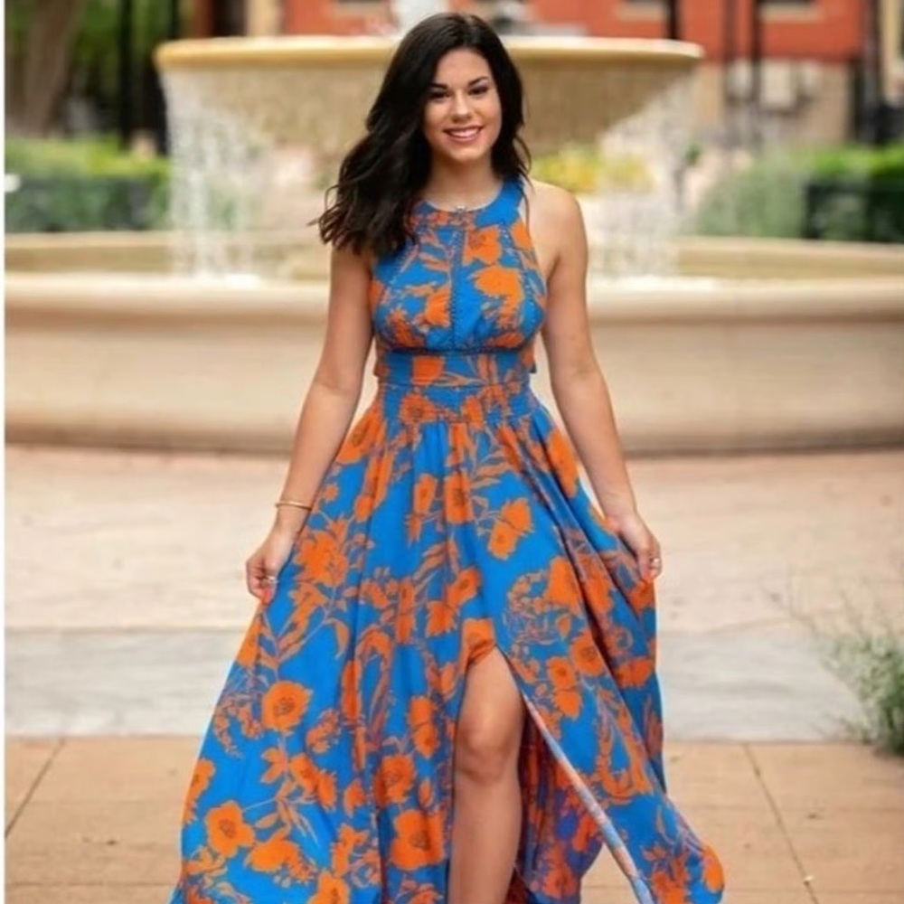 Anthropologie Abel the Label Sz XS Blue Floral Open Tie Back Slit Maxi Dress